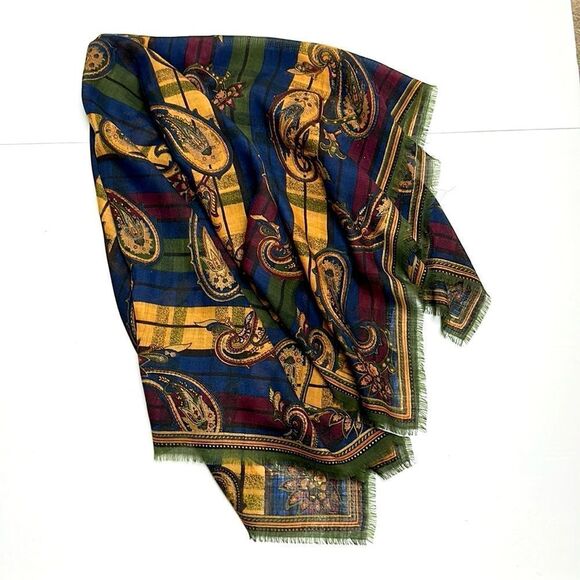 Albert Nipon Wool Square Scarf Shawl Green Blue Yellow Paisley 44x44” Vtg - Picture 2 of 11